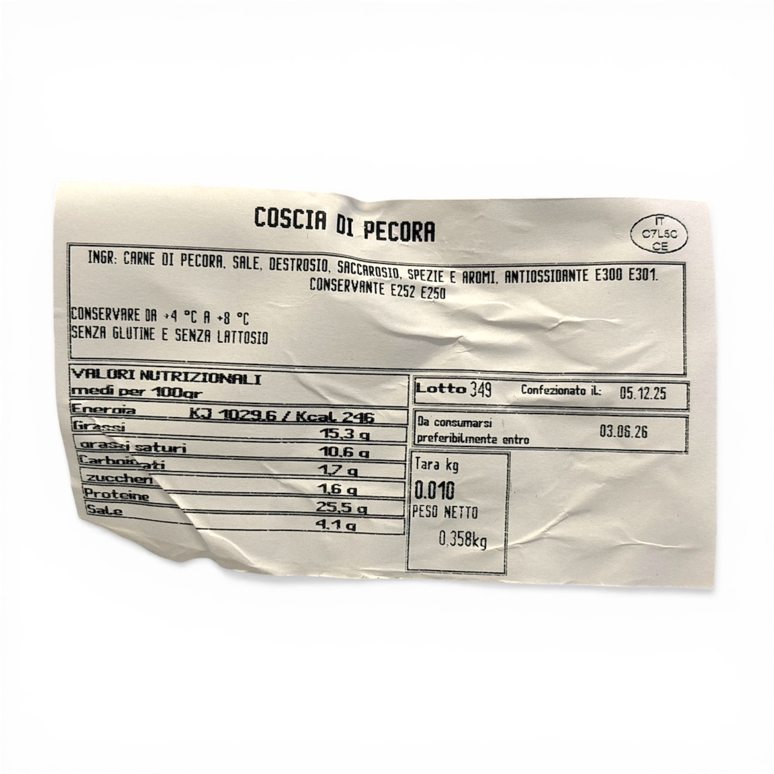 Prosciutto di Pecora 400 gr (disp. fra 3 settimane)